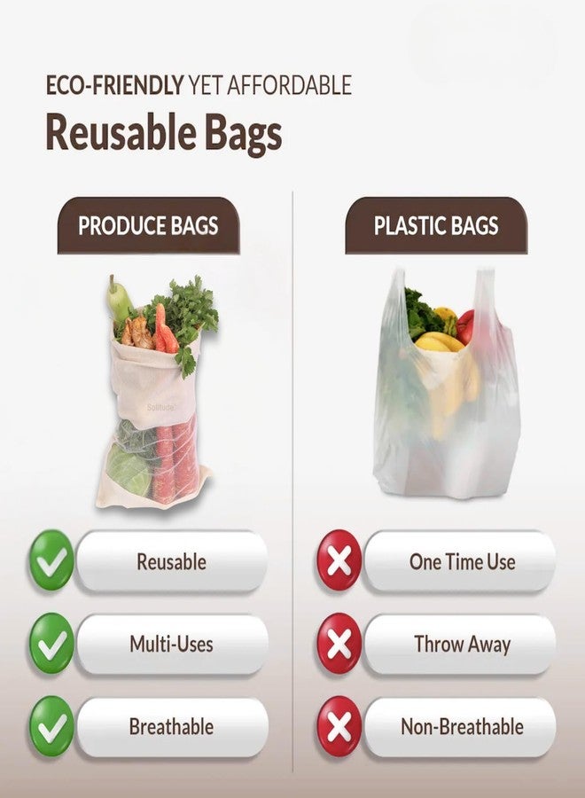 Solitude Set of 12 Cotton Vegetable Bags Fridge Storage Bag Sabji Fruits Pouch Refrigerator Produce Muslin Reusable Washable & Multipurpose use Cloth Bags with Drawstrings - Image 4